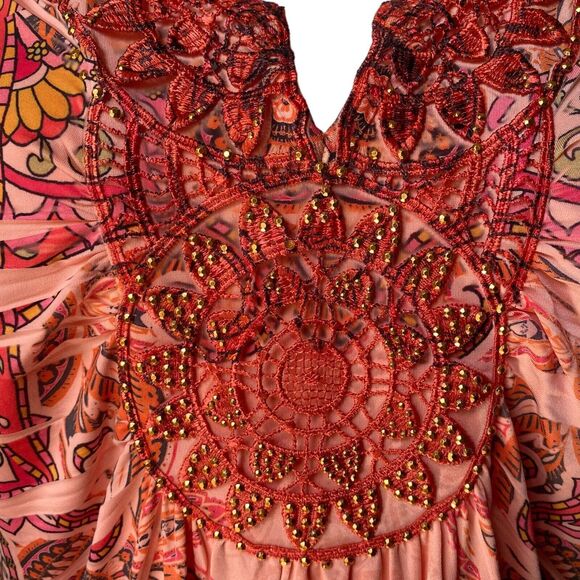 Apt.9 Womens Paisley Boho Blouse V-Neck Top Short Sleeve Orange Pink Size Large - Picture 2 of 7
